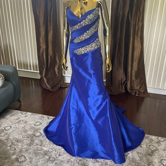 Royal Blue Mermaid Beaded Formal Dress Size 4 Strapless Sweetheart Gown - Picture 1 of 4